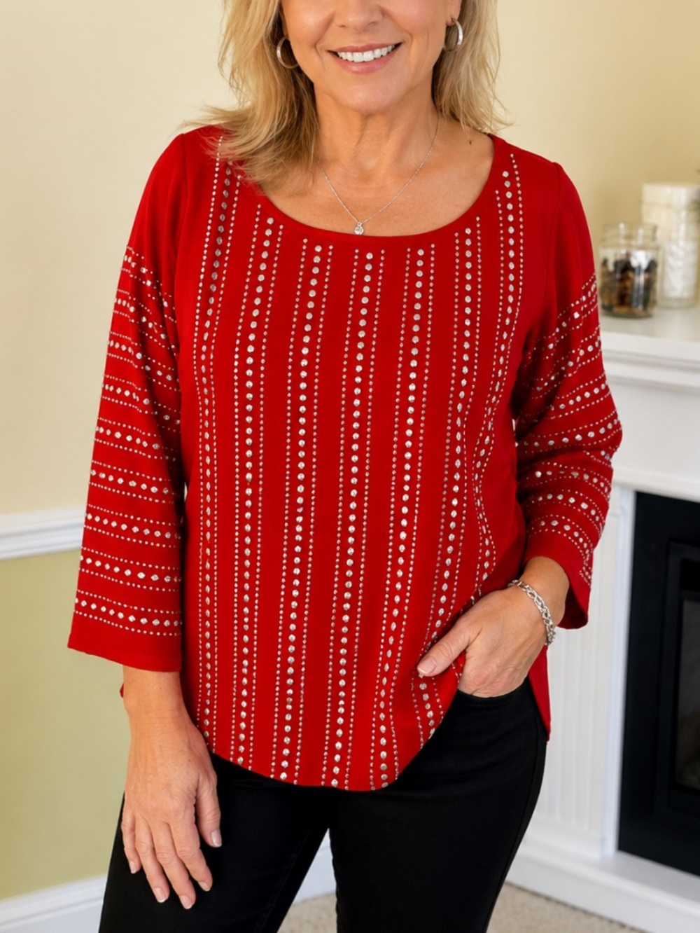 ALFANI Red and Silver Studded Bell Sleeve Size 4 Blouse NWOT
